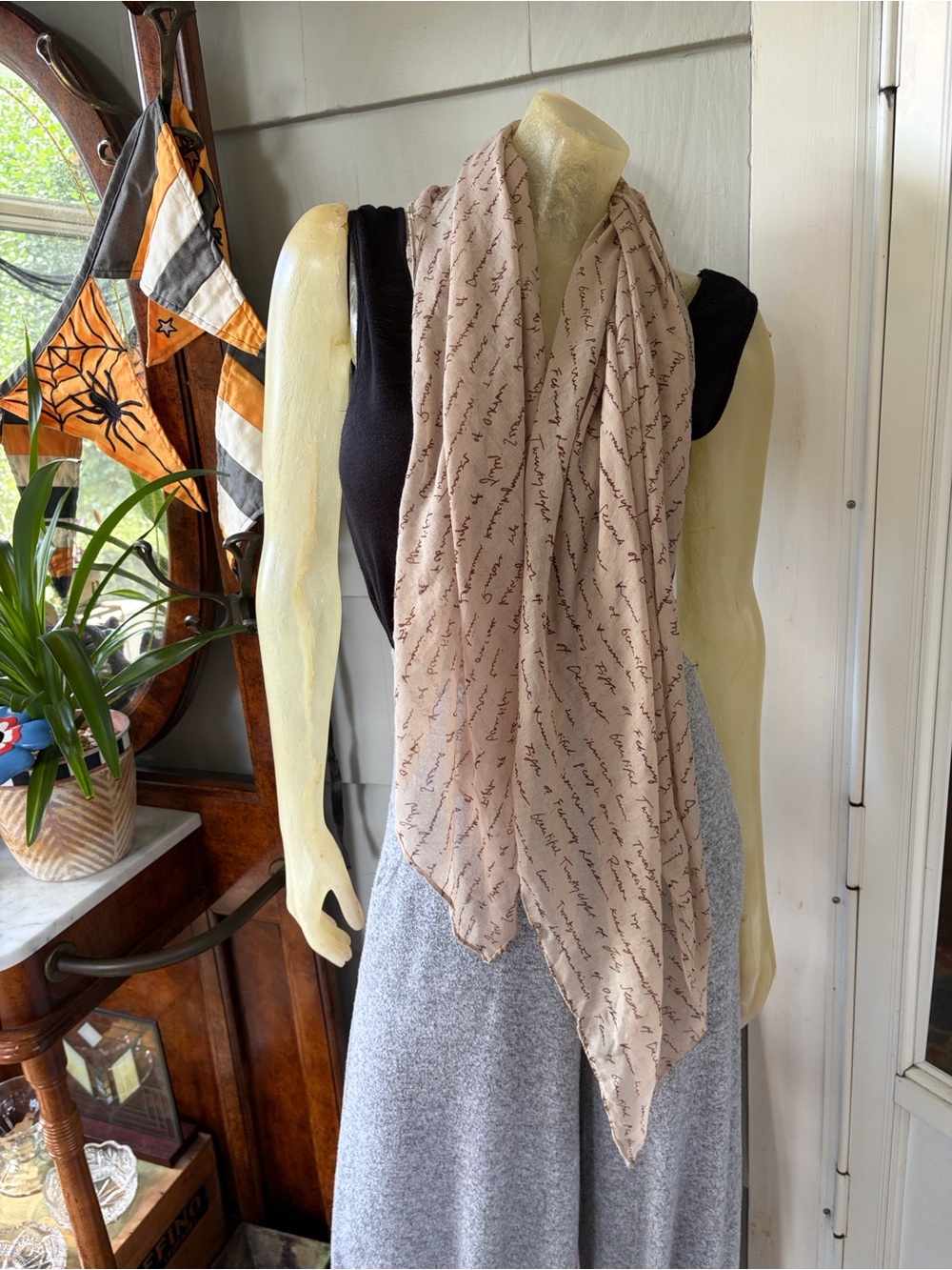 Charming Charlie Script Lightweight Scarf - Beige